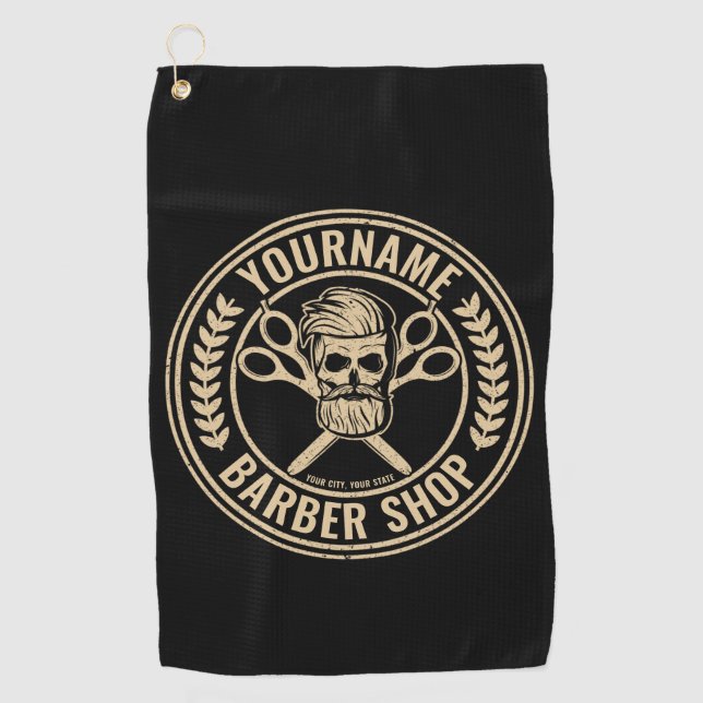 Personalised Barber Shop Skull Rockabilly Salon   Golf Towel (Front)