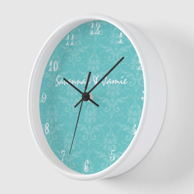 Personalised Baroque Aqua Damask Clock (Angle)