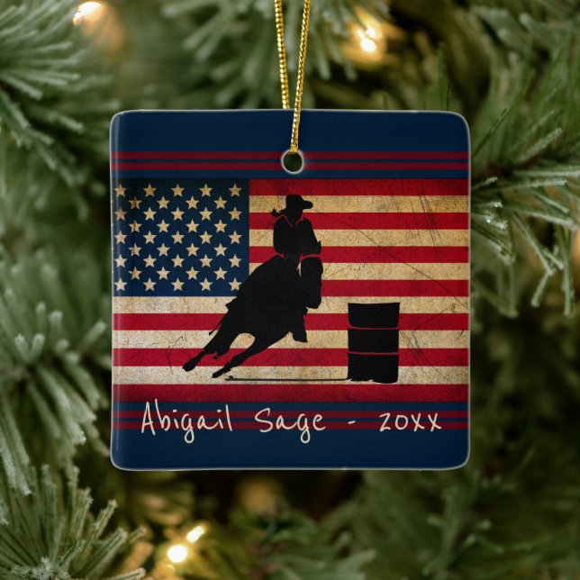 Personalised Barrel Racing American Flag Horse Ceramic Ornament (Tree)