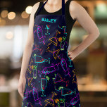 Personalised Bartender Name, Bright Neon Cocktails Apron<br><div class="desc">A fun apron featuring a pattern of bright neon cocktail glasses.  Add a name or custom text to personalise. Perfect for a bartender,  mixologist and anyone who enjoys cocktails</div>