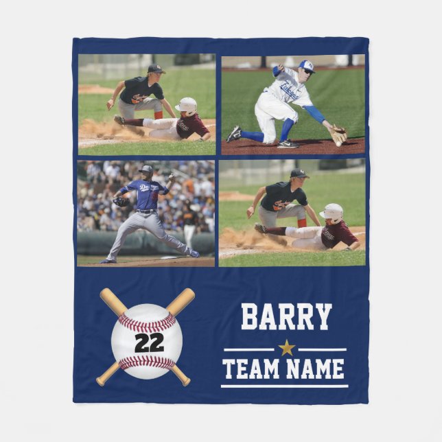 Personalised Baseball 4 Photo Collage Name Team Fl Fleece Blanket (Front)