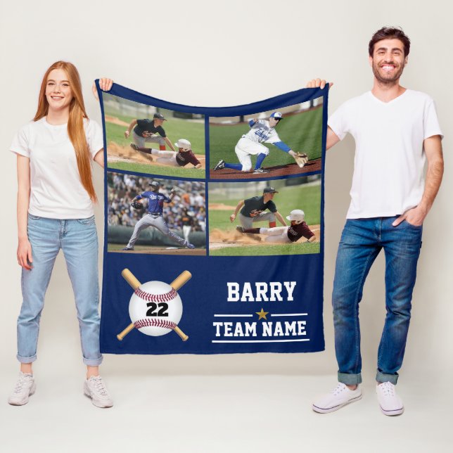 Personalised Baseball 4 Photo Collage Name Team Fleece Blanket (In Situ)