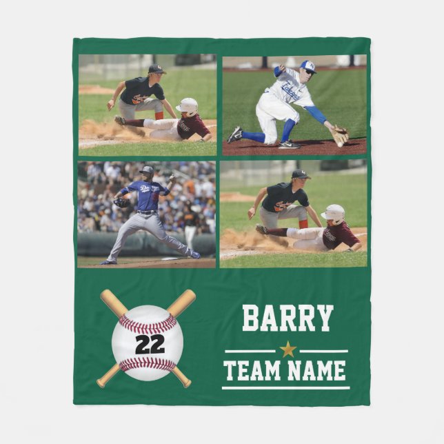 Personalised Baseball 4 Photo Collage Name Team Fleece Blanket (Front)
