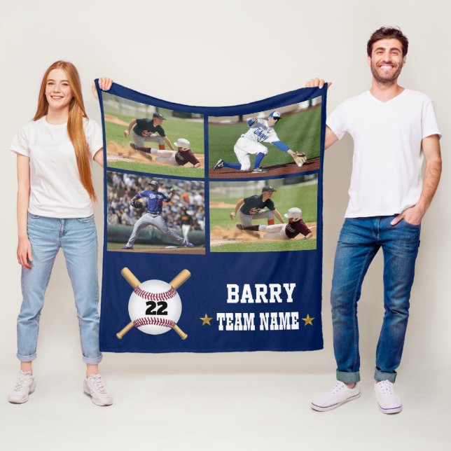 Personalised Baseball 4 Photo Collage Name Team Fleece Blanket (In Situ)
