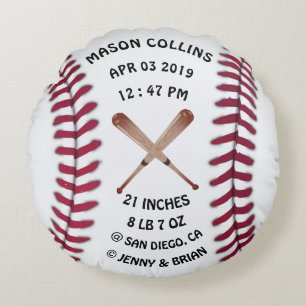 Personalised Baseball Baby Stats Birth Records Round Cushion