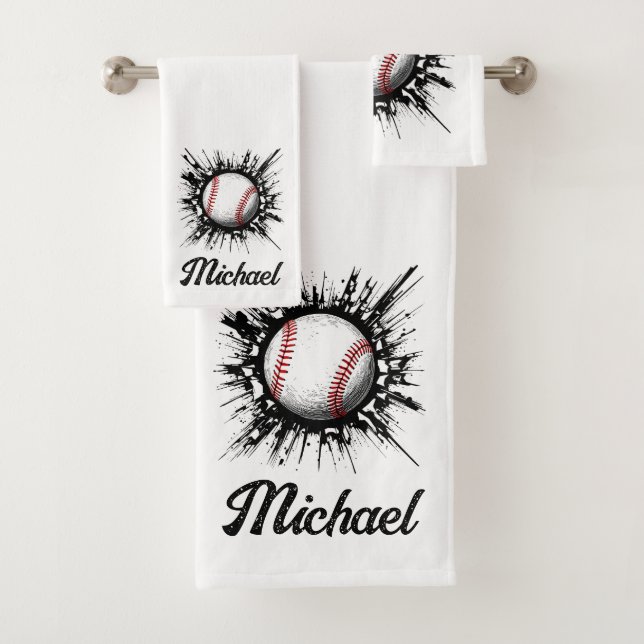 Personalised Baseball Ball Breaking Through Wall   Bath Towel Set (Insitu)