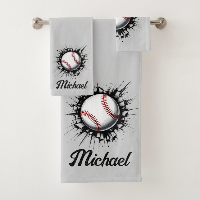 Personalised Baseball Ball Breaking Through Wall   Bath Towel Set (Insitu)