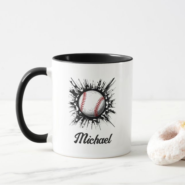 Personalised Baseball Ball Breaking Through Wall   Mug (With Donut)