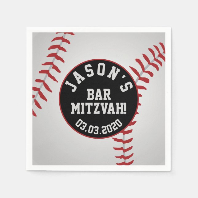Personalised Baseball Bar Mitzvah Red Black Napkin (Front)