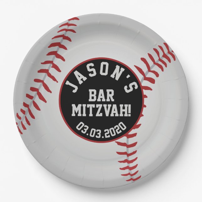 Personalised Baseball Bar Mitzvah Red Black White Paper Plate (Front)