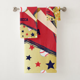 Personalised Baseball Bats Ball and Stars Gold Bath Towel Set