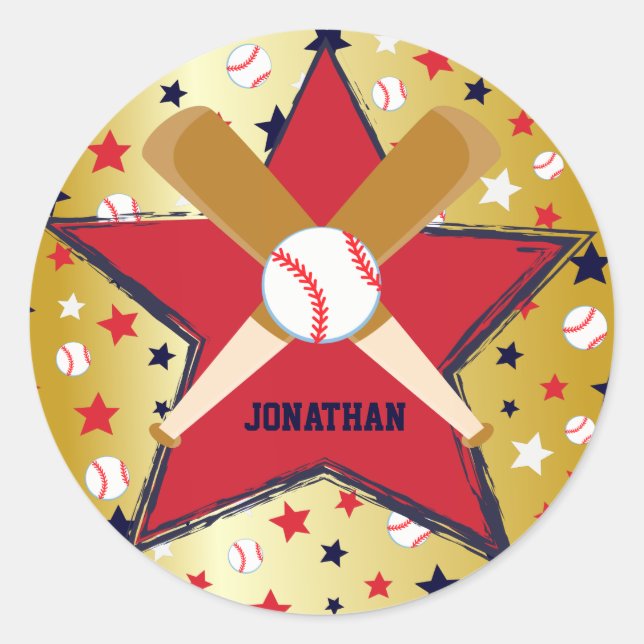 Personalised Baseball Bats Ball and Stars Gold Classic Round Sticker (Front)