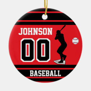 Personalised Baseball Batter   Red and Black Ceramic Tree Decoration