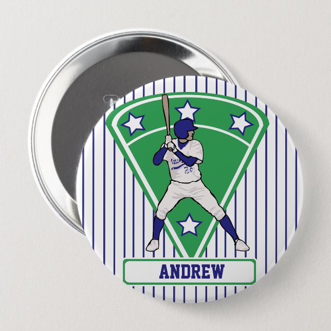 Personalised Baseball Batter Star Blue 10 Cm Round Badge (Front & Back)