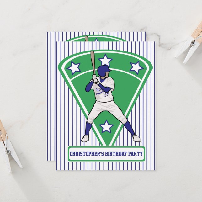 Personalised Baseball Batter Star Blue Invitation (Front/Back In Situ)