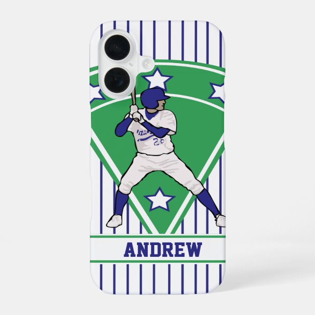 Personalised Baseball Batter Star Blue iPhone 16 Case (Back)