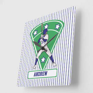 Personalised Baseball Batter Star Blue Square Wall Clock