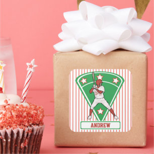 Personalised Baseball Batter Star Red Square Sticker