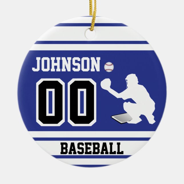 Personalised Baseball Catcher | Dark Blue & Black Ceramic Tree Decoration (Front)