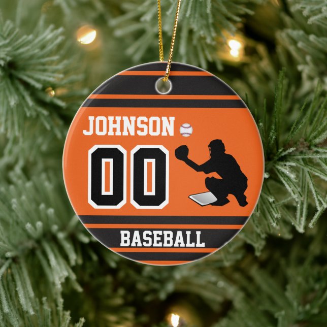 Personalised Baseball Catcher | Orange and Black Ceramic Tree Decoration (Tree)