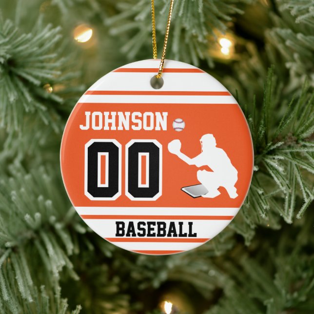 Personalised Baseball Catcher | Orange & Black Ceramic Tree Decoration (Tree)
