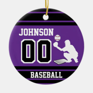 Personalised Baseball Catcher   Purple and Black Ceramic Tree Decoration