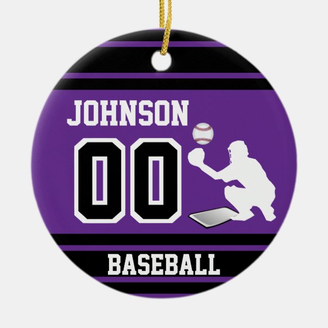Personalised Baseball Catcher | Purple and Black Ceramic Tree Decoration (Front)