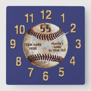 Personalised Baseball Clock, YOUR TEXT and COLORS Square Wall Clock