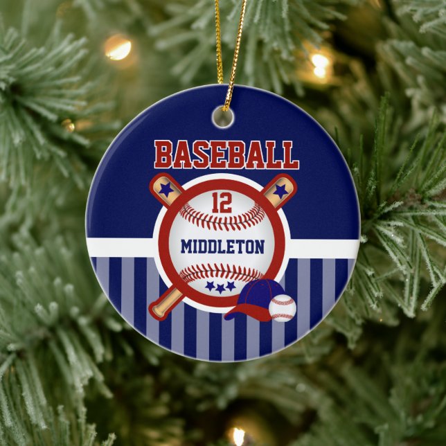 Personalised Baseball | Dark Blue and Red Ceramic Tree Decoration (Tree)