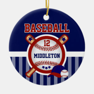 Personalised Baseball   Dark Blue and Red Ceramic Tree Decoration