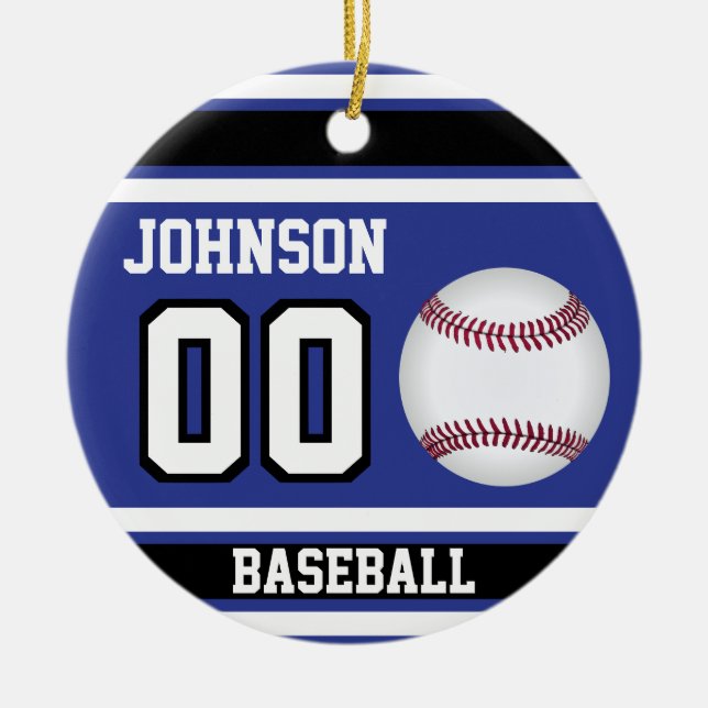 Personalised Baseball | Dark Blue, White and Black Ceramic Tree Decoration (Front)