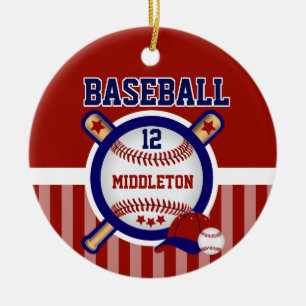 Personalised Baseball   Dark Red and Blue Ceramic Tree Decoration