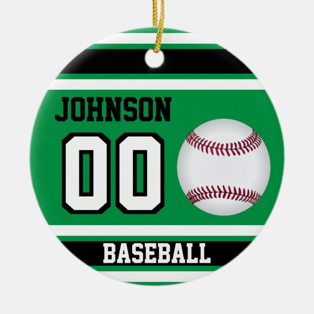 Personalised Baseball | Green, White and Black Ceramic Tree Decoration (Front)