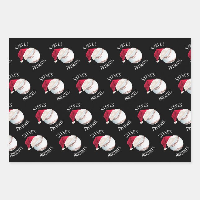 Personalised Baseball Happy Christmas Holiday Wrapping Paper Sheet (Front)