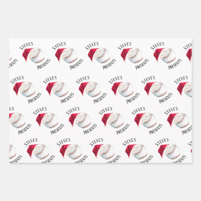 Personalised Baseball Happy Christmas Holiday Wrapping Paper Sheet (Front)