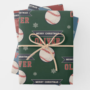Personalised Baseball Merry Christmas Name Wrapping Paper Sheet
