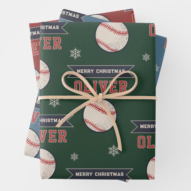 Personalised Baseball Merry Christmas Name Wrapping Paper Sheet (In situ)