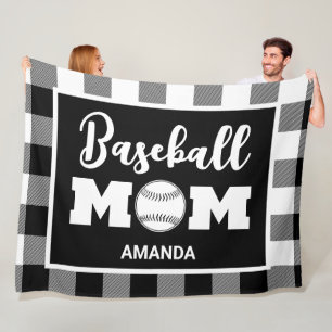 Personalised Baseball Mum Name Black Gingham Plaid Fleece Blanket