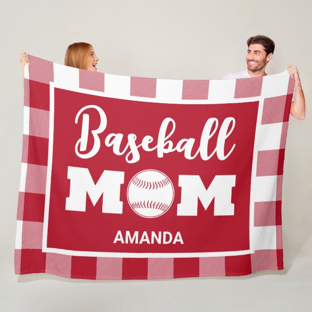 Personalised Baseball Mum Name Red Gingham Plaid   Fleece Blanket (In Situ)