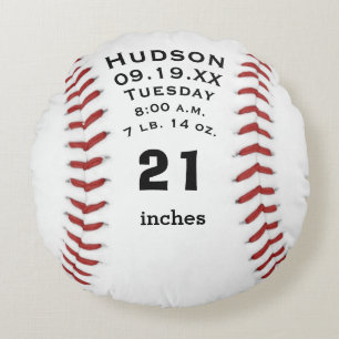 Personalised Baseball Name and Baby Stats Round Cushion