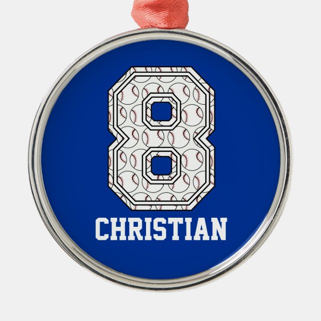 Personalised Baseball Number 8 Metal Tree Decoration (Front)