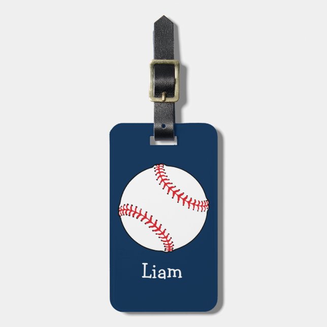 Personalised Baseball on Blue Kids Boys Luggage Tag (Front Vertical)