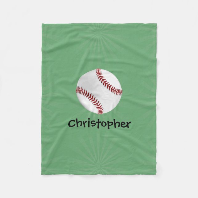 Personalised Baseball on Green Kids Boys Fleece Blanket (Front)
