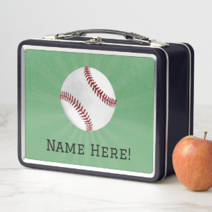 Personalised Baseball on Green Kids Boys Metal Lunch Box