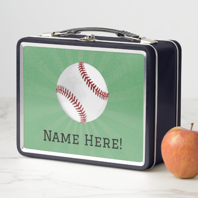 Personalised Baseball on Green Kids Boys Metal Lunch Box (In Situ)