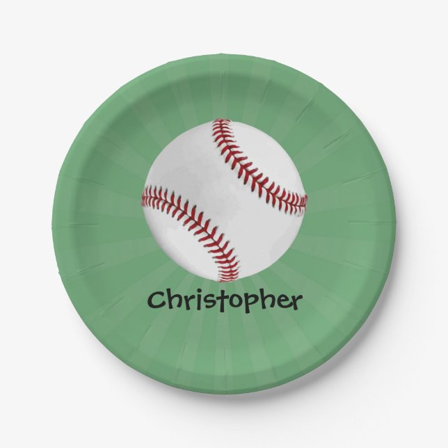 Personalised Baseball on Green Kids Boys Paper Plate (Front)