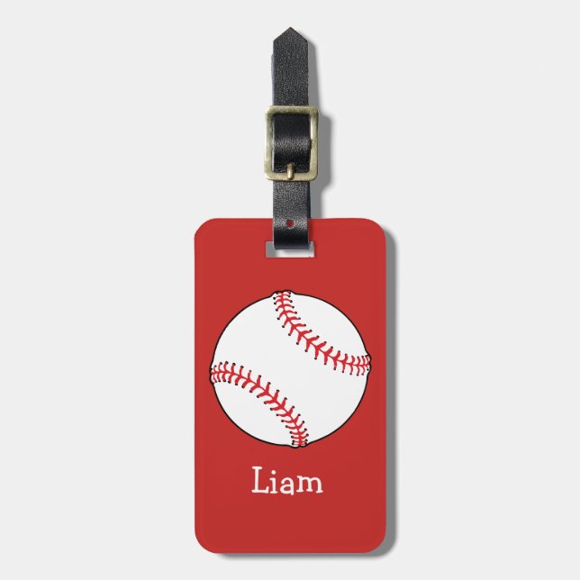 Personalised Baseball on Red Kids Boys Luggage Tag (Front Vertical)