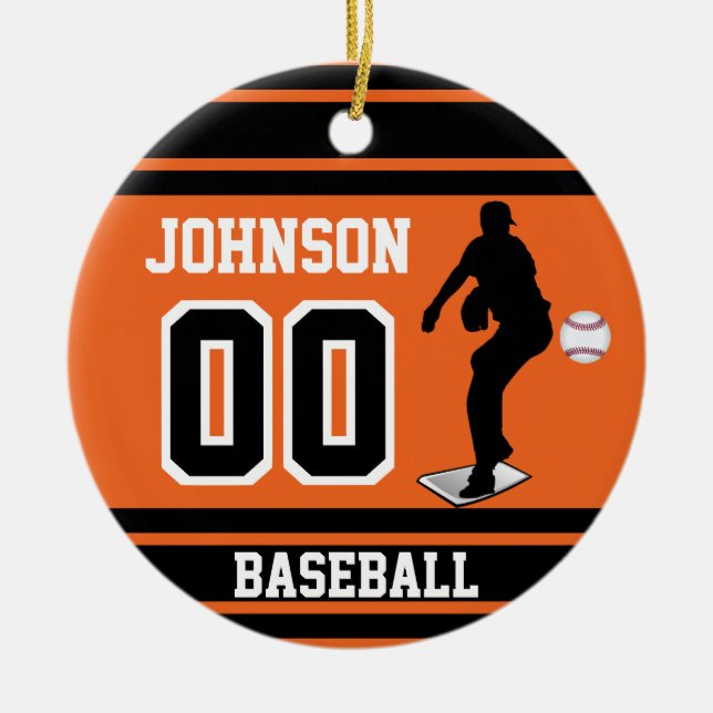 Personalised Baseball Pitcher | Orange and Black Ceramic Tree Decoration (Front)