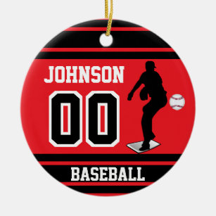 Personalised Baseball Pitcher   Red and Black Ceramic Tree Decoration
