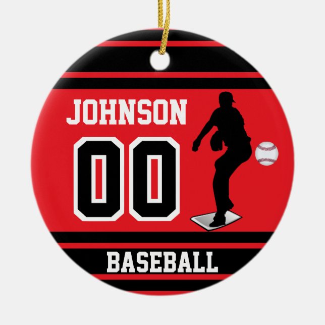 Personalised Baseball Pitcher | Red and Black Ceramic Tree Decoration (Front)